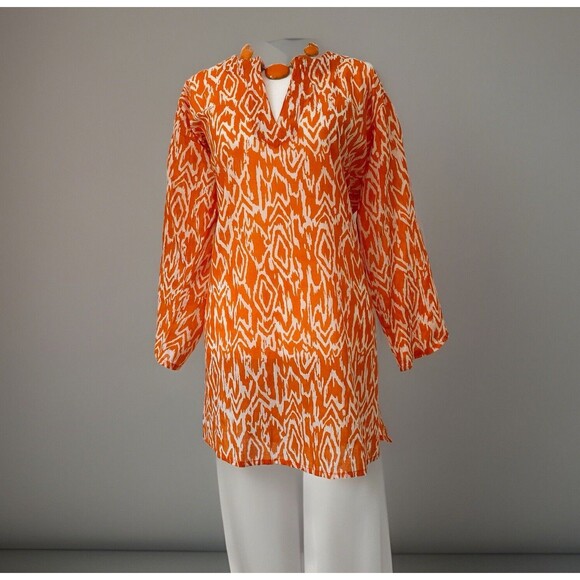 Women’s Tropical Orange + White Patterned Tunic, Light Tissue Cotton Size: L - Picture 3 of 12